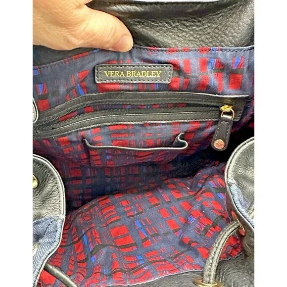 VERA BRADLEY Genuine Black Leather & Navy Denim Backpack - Perfect Condition - Picture 6 of 14
